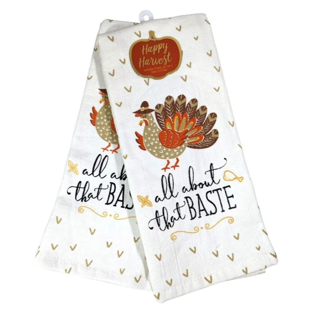 All About That Baste Kitchen Towels Turkey Pumpkin 16 x 26-in Cotton 2-pc NEW